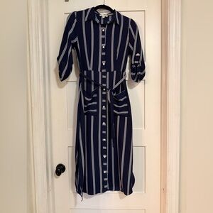Blue and white striped shirt dress